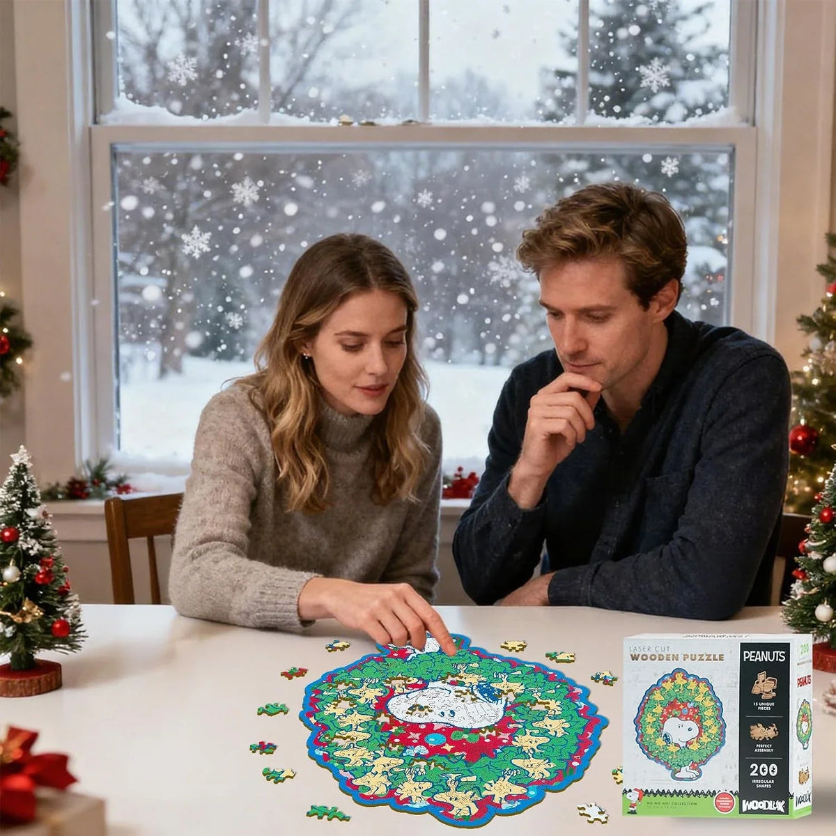 Two people working on a Peanuts-themed puzzle