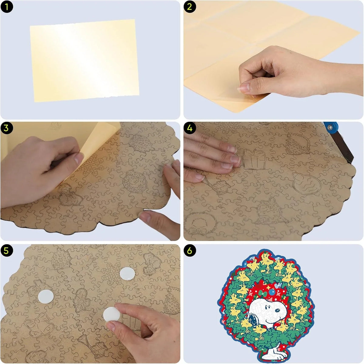 Step-by-step process of creating a cardboard cutout with a design, ending with a completed cutout of Snoopy.