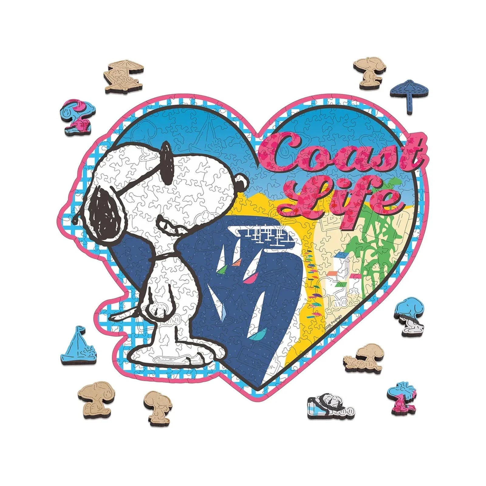 Heart-shaped Snoopy wooden puzzle with coast life design