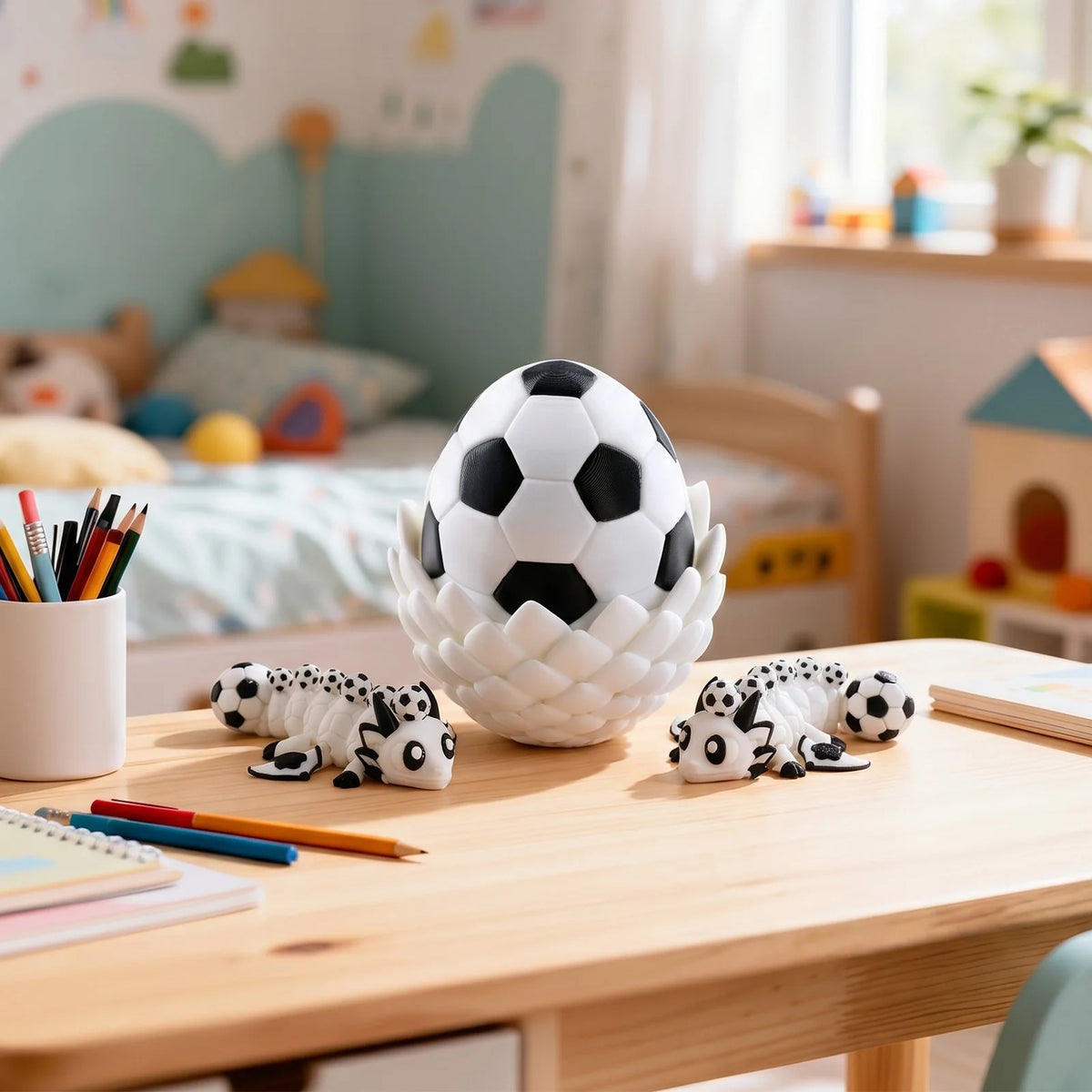 Soccer Football Dragon egg and figures on desk display