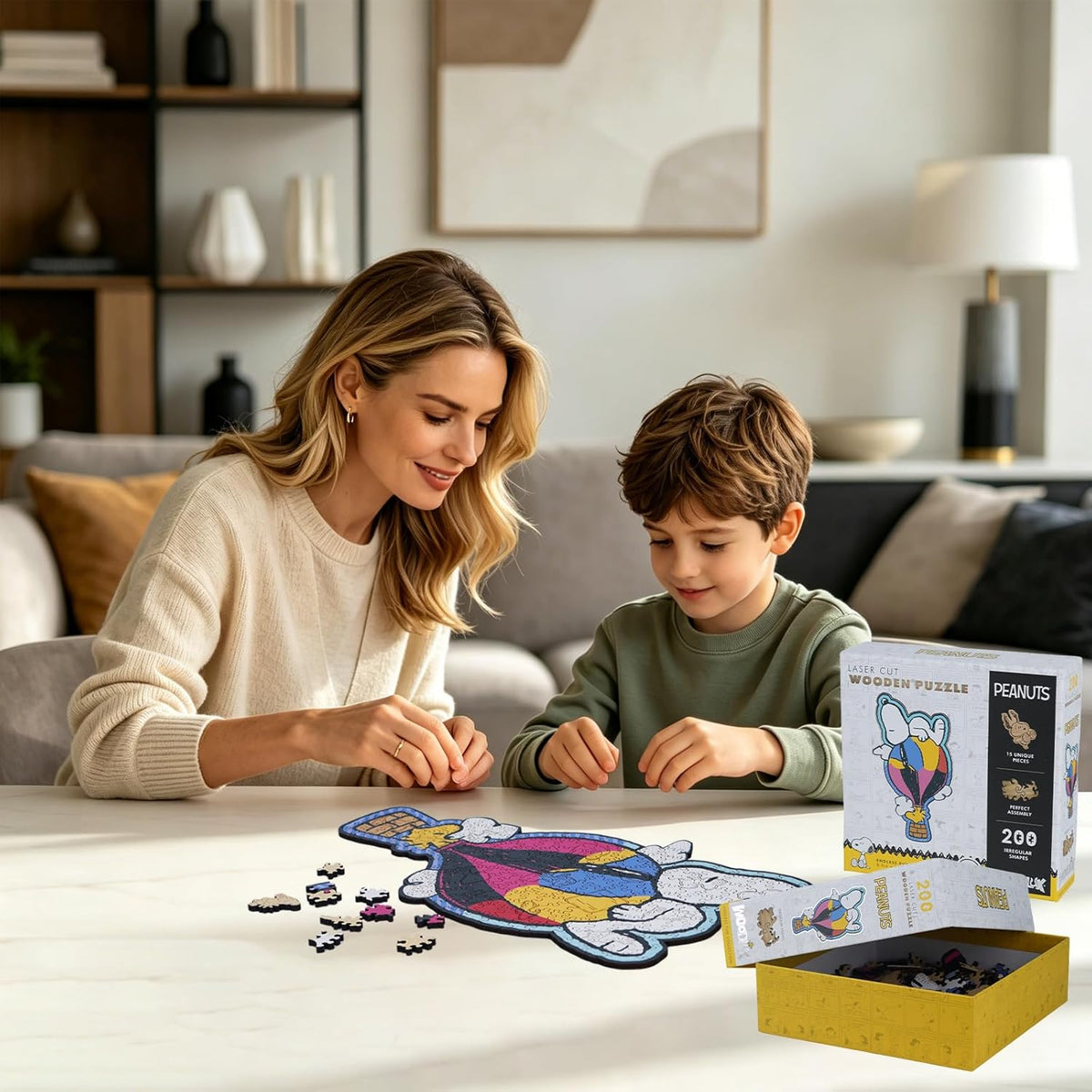 Woman and child playing with a puzzle in a living room