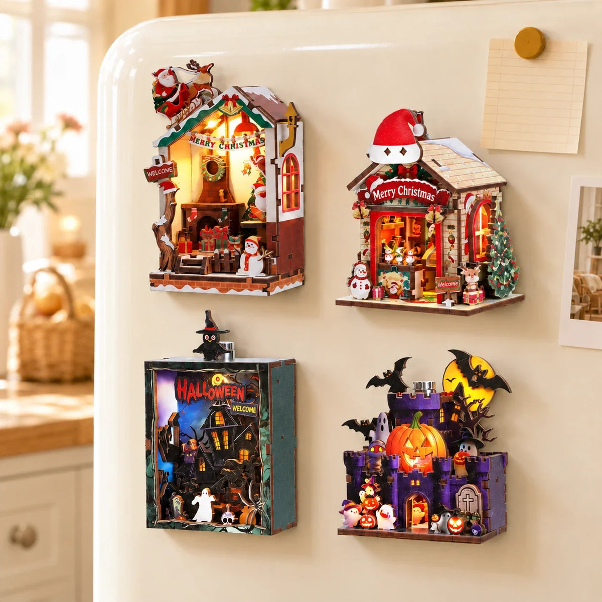 Christmas House Fridge Magnet displayed on refrigerator