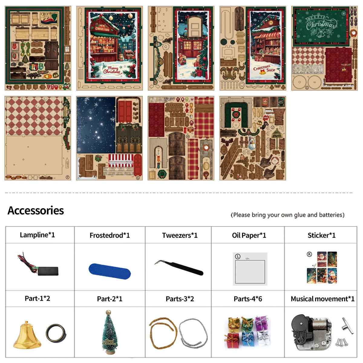 Christmas Shop Music Box kit parts and accessories