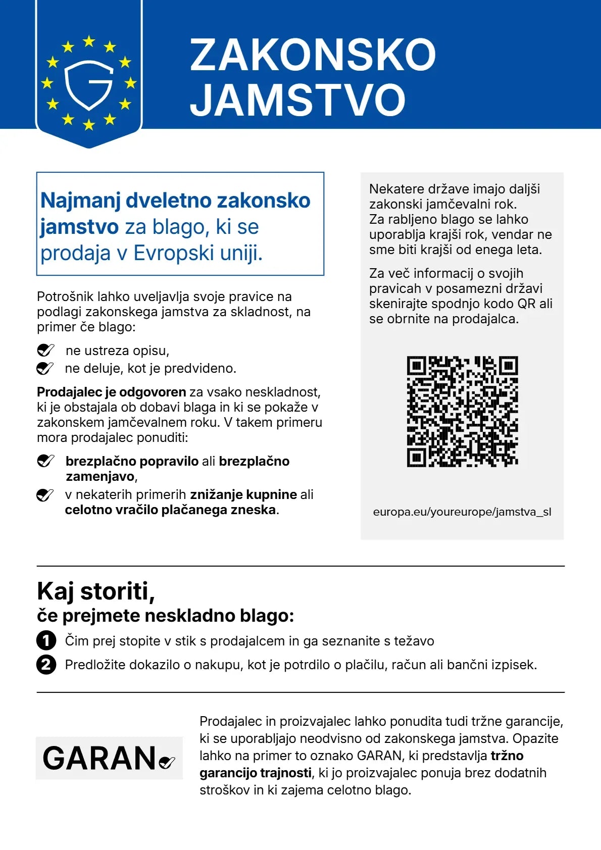 Vaše pravice iz zakonskega jamstva