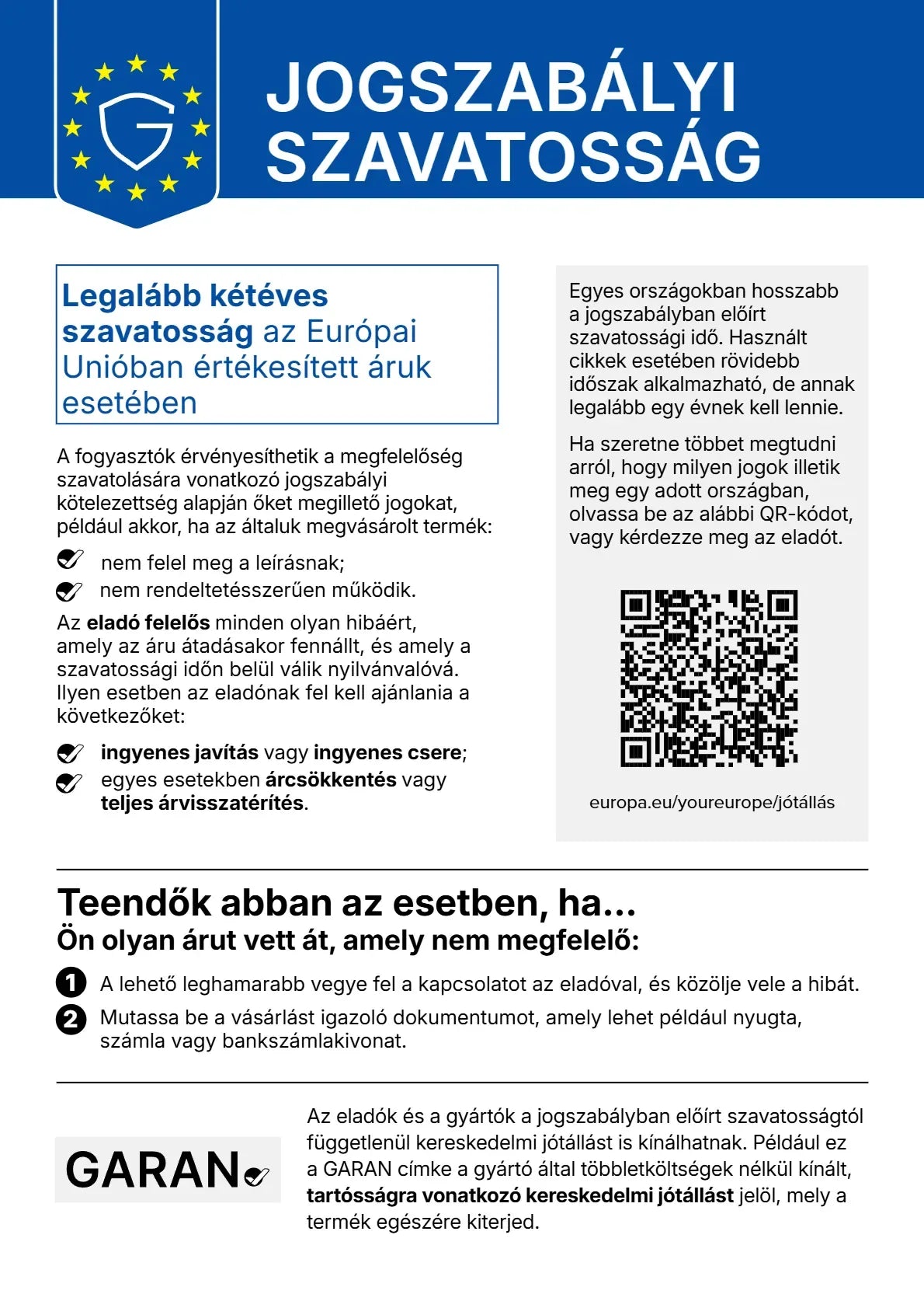 Az Ön jogszabályi szavatossági jogai
