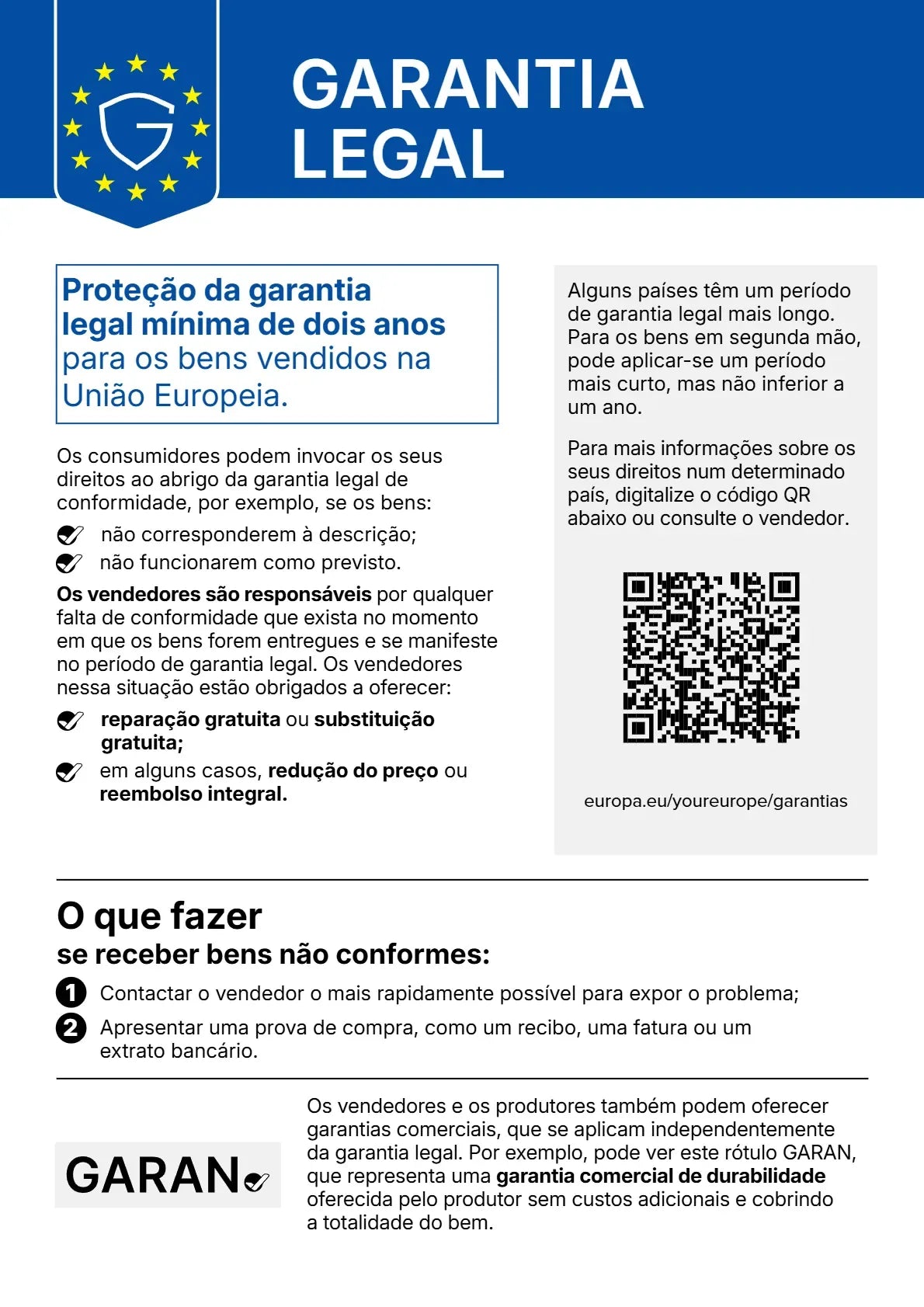 Os seus direitos de garantia legal